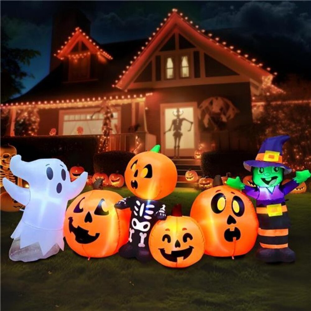 8 ft Long Halloween Inflatable Three Characters and Pumpkin Patch